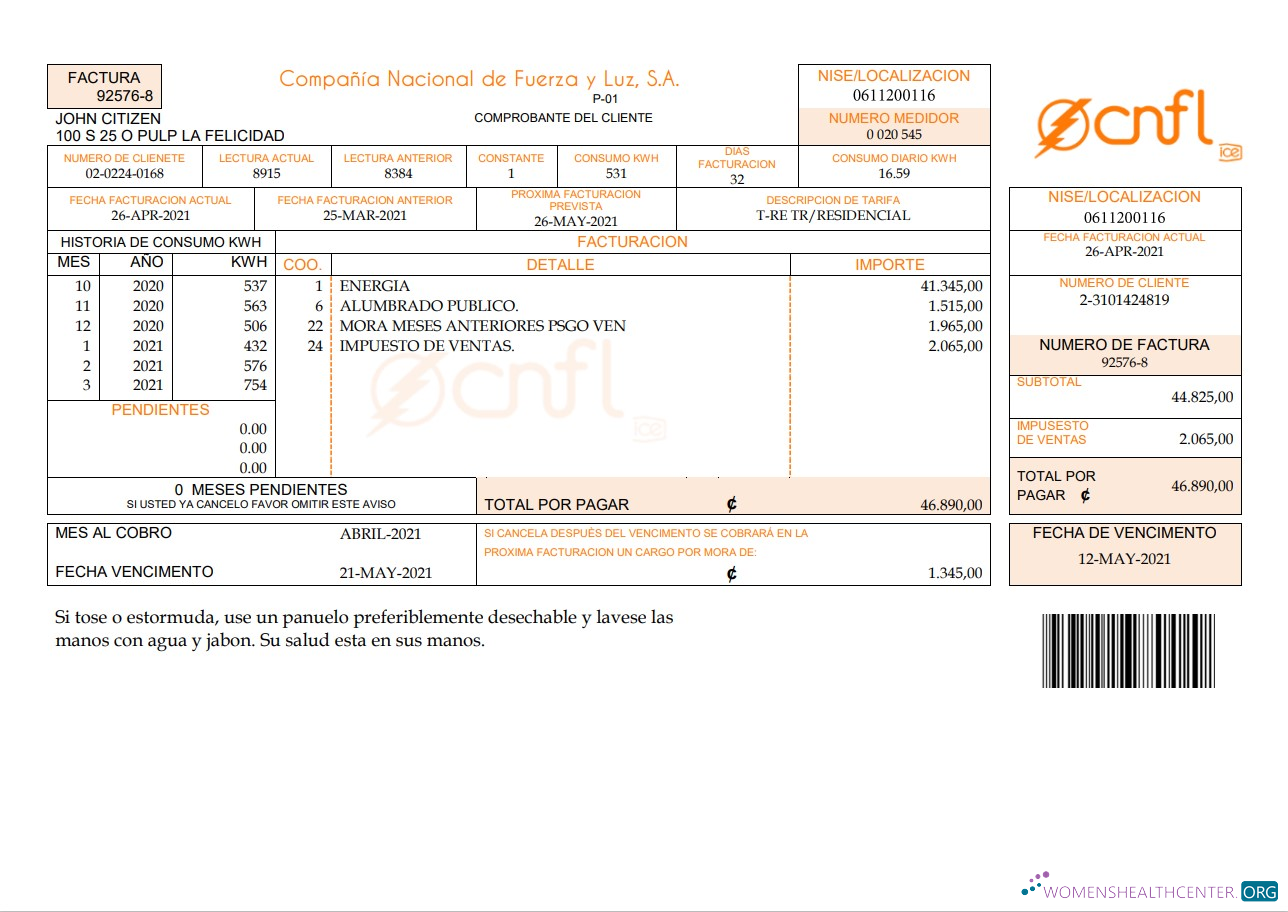 download download Costa Rica Compañía Nacional de Fuerza y Luz, S.A. (CNFL) utility bill